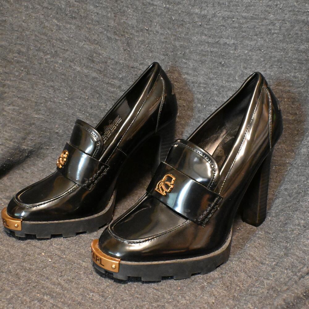 Karl Lagerfeld Black Patent Leather Platform Heels with Gold Accents